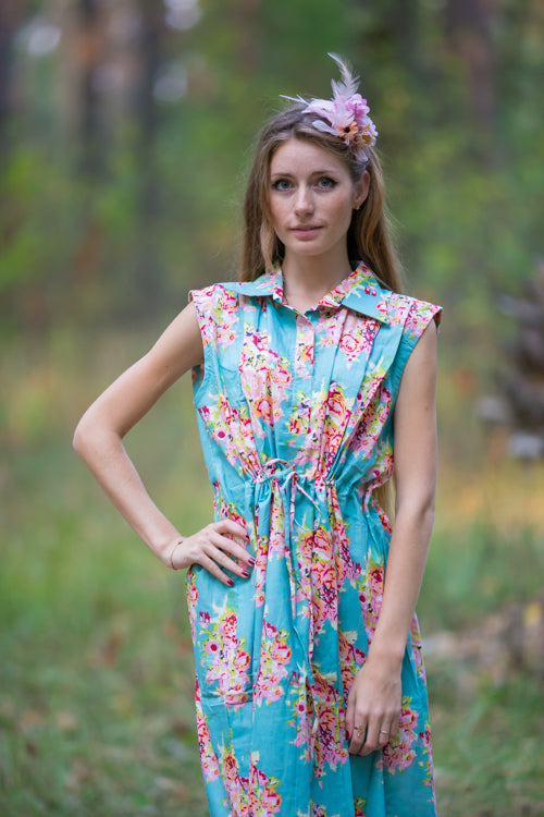 Turquoise Cool Summer Style Caftan in Floral Posy Pattern