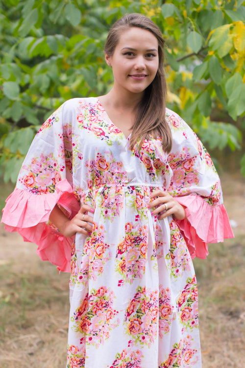 White Frill Lovers Style Caftan in Floral Posy Pattern