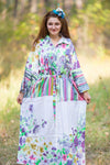 White Gray Oriental Delight Style Caftan in Floral Watercolor Painting Pattern