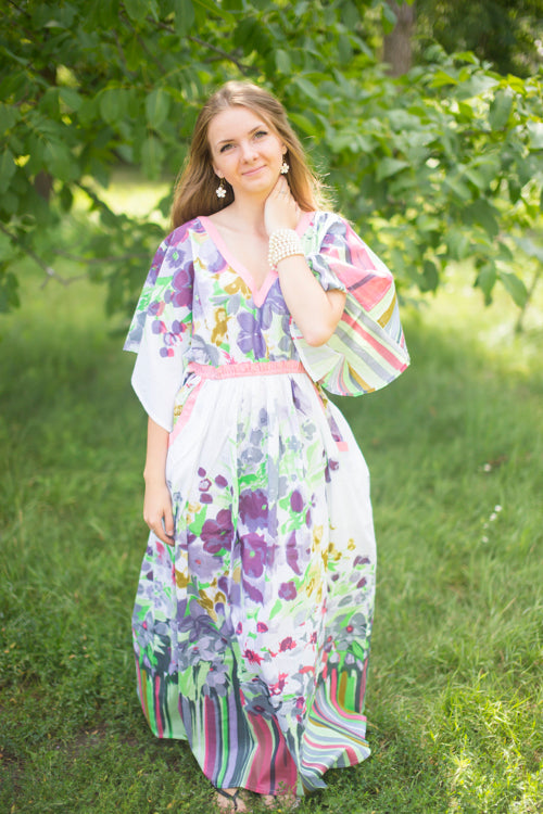 White Gray Breezy Bohemian Style Caftan in Floral Watercolor Painting Pattern