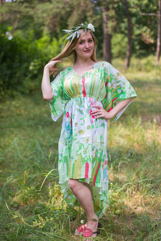 White Mint High Low Wind Flow Style Caftan in Floral Watercolor Painting Pattern