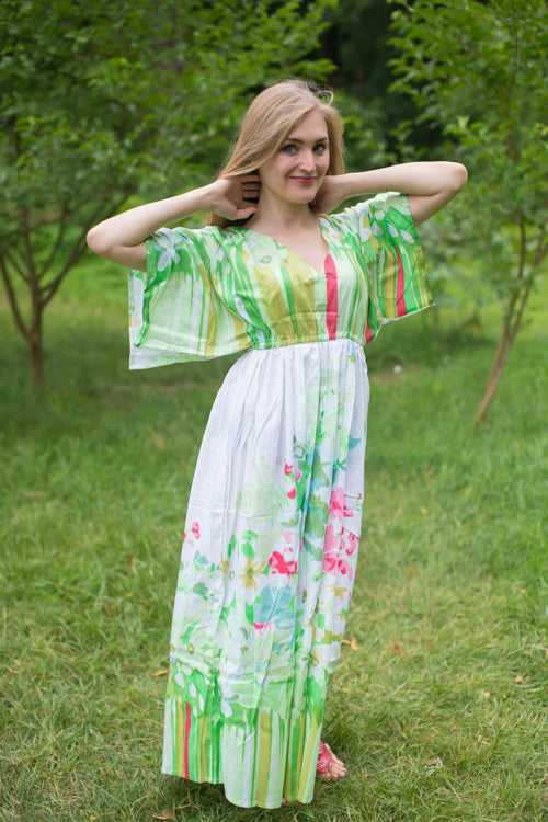 White Mint I Wanna Fly Style Caftan in Floral Watercolor Painting Pattern