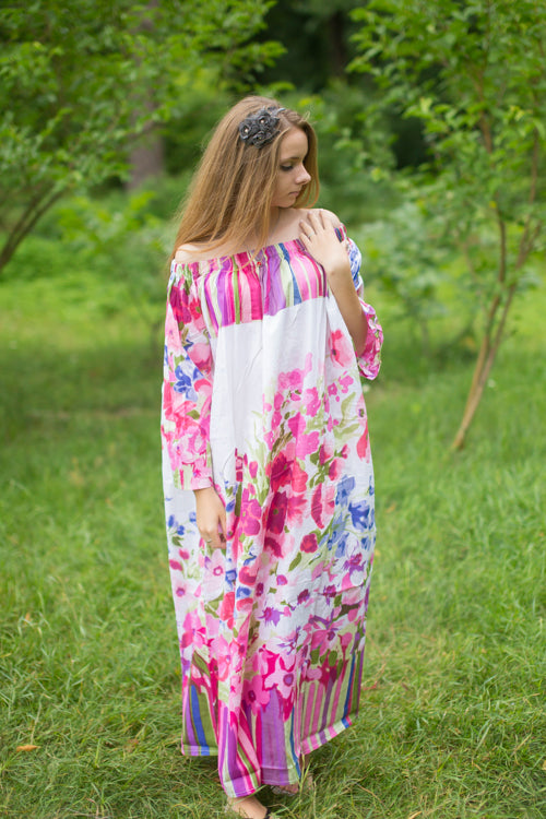 White Pink Serene Strapless Style Caftan in Floral Watercolor Painting Pattern