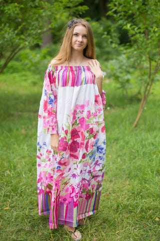 White Pink Serene Strapless Style Caftan in Floral Watercolor Painting Pattern