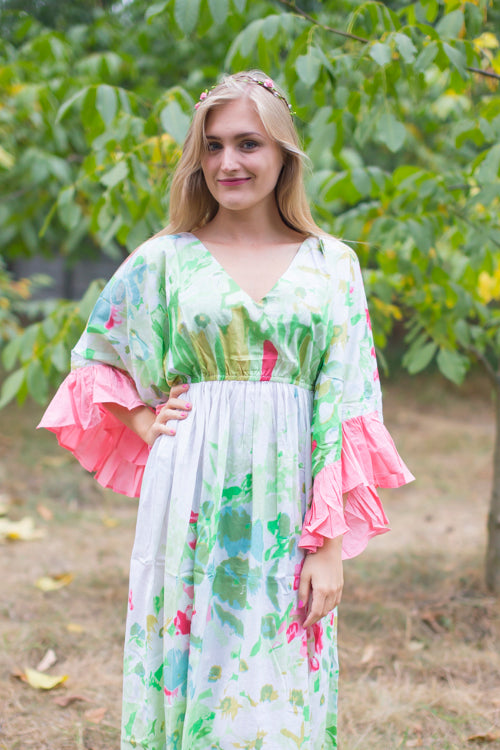 Mint Frill Lovers Style Caftan in Floral Watercolor Painting Pattern
