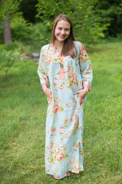 Light Blue Simply Elegant Style Caftan in Flower Rain Pattern|Light Blue Simply Elegant Style Caftan in Flower Rain Pattern|FlowerRain