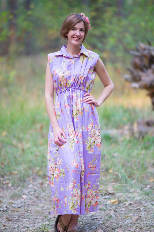 Lilac Cool Summer Style Caftan in Flower Rain Pattern