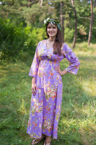 Lilac Button Me Down Style Caftan in Flower Rain Pattern