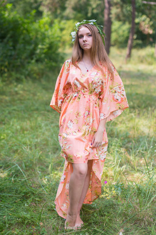 Peach High Low Wind Flow Style Caftan in Flower Rain Pattern
