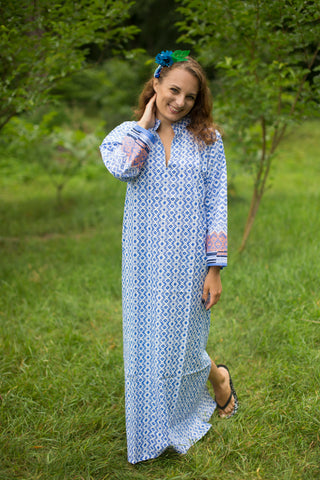 Royal Blue Mandarin On My Mind Style Caftan in Geometric Chevron Pattern