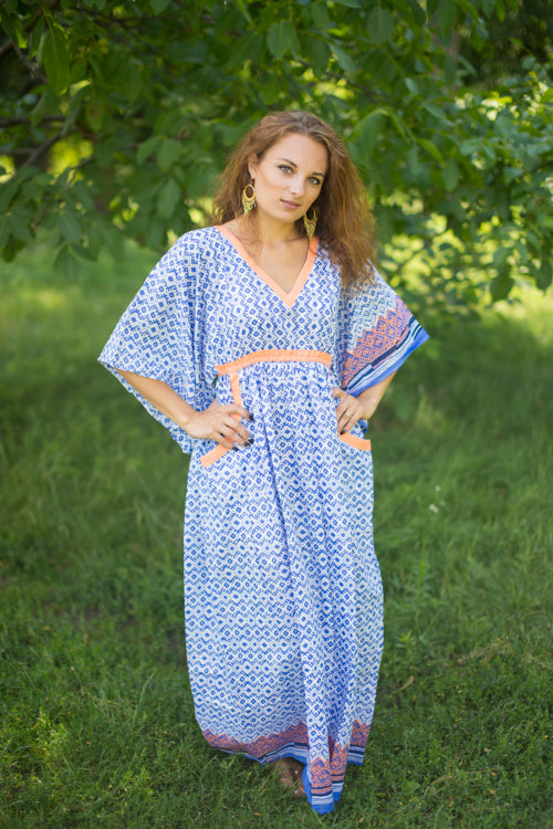 Royal Blue Breezy Bohemian Style Caftan in Geometric Chevron Pattern