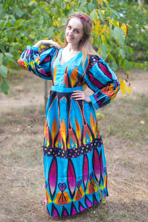Blue My Peasant Dress Style Caftan in Glowing Flame Pattern | Laughing Cherries Blue My Peasant Dress Style Caftan in Glowing Flame Pattern | Laughing Cherries