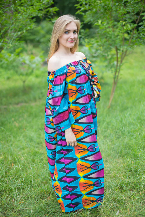 Blue Serene Strapless Style Caftan in Glowing Flame Pattern
