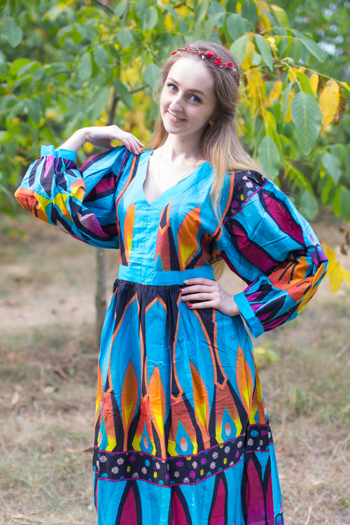 Blue My Peasant Dress Style Caftan in Glowing Flame Pattern Blue My Peasant Dress Style Caftan in Glowing Flame Pattern