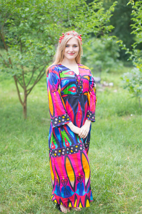 Magenta Button Me Down Style Caftan in Glowing Flame Pattern