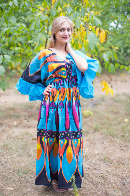 Blue Frill Lovers Style Caftan in Glowing Flame Pattern