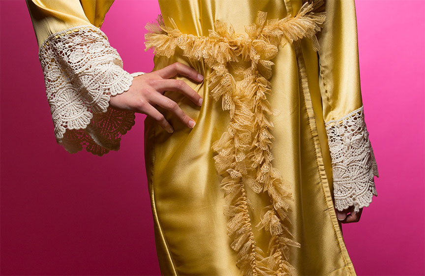 Gold Satin Robe with Ivory Lace Accented Cuffs | Laughing Cherries