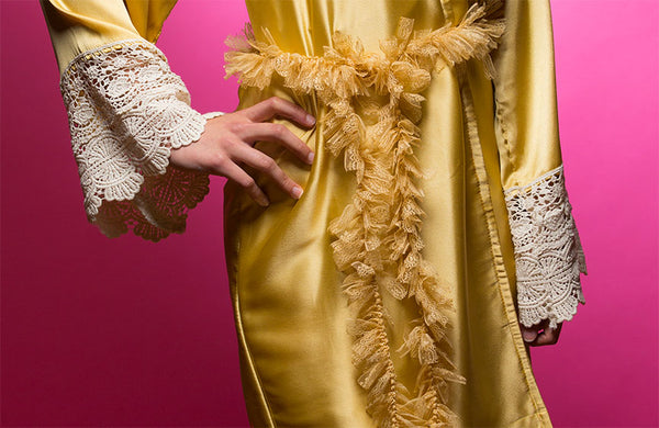 Gold Satin Robe with Ivory Lace Accented Cuffs