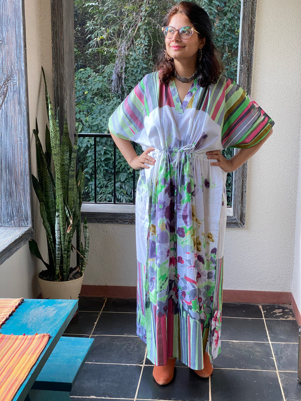 Floral Watercolor Painting V-Neck, Cinched Waist Ankle Length Kaftan