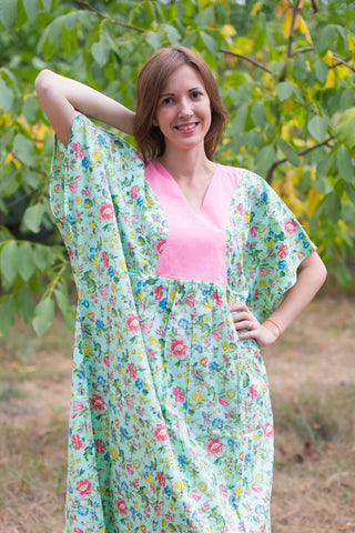 Mint Flowing River Style Caftan in Happy Flowers Pattern