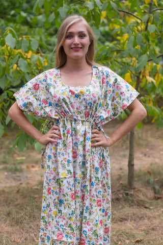 White Side Strings Sweet Style Caftan in Happy Flowers Pattern