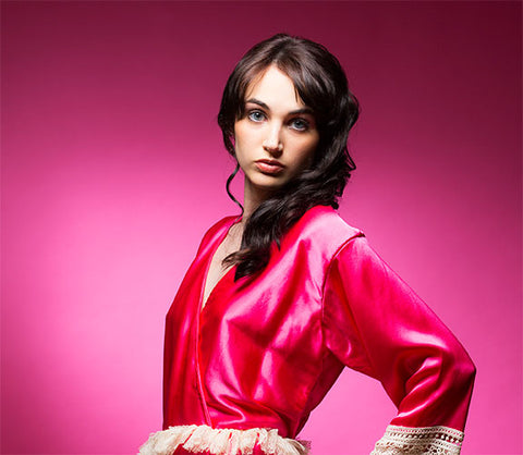 Hot Pink Satin Robe with Lace Accented Cuff