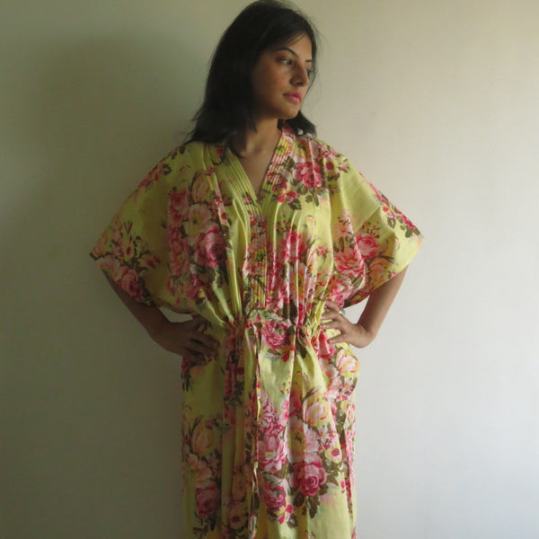 Yellow Floral Rosy Red Posy V-Neck Button Down to Waist, Ankle Length, Cinched Waist Caftan