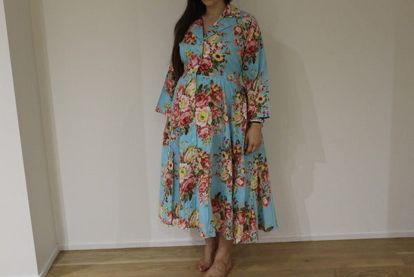 Blue Floral Collared Knee length Maternity Dress