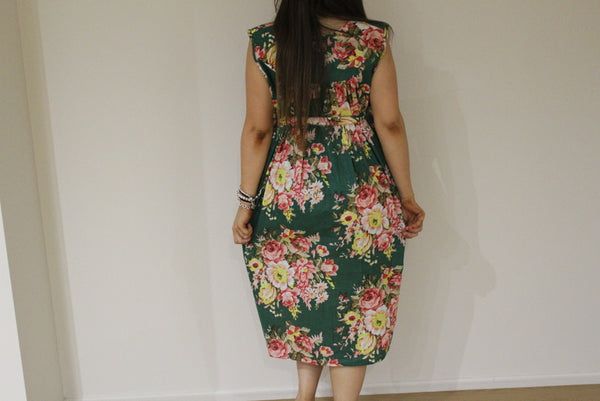 Dark Green Floral Front Buttoned Maternity Dress