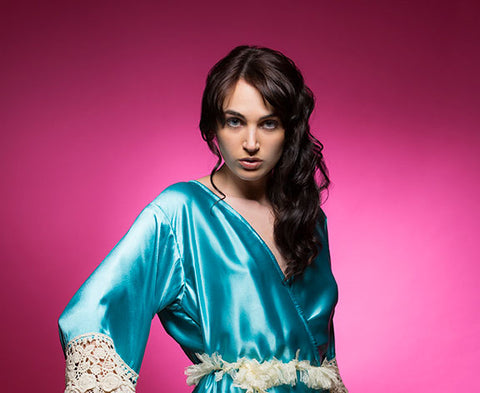 Ice Blue Satin Robe with Ivory Lace Accented Cuff