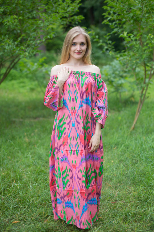 Coral Serene Strapless Style Caftan in Ikat Aztec Pattern
