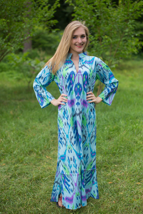 Light Blue Mandarin On My Mind Style Caftan in Ikat Aztec Pattern