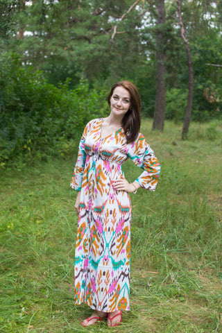 White Mint Button Me Down Style Caftan in Ikat Aztec Pattern