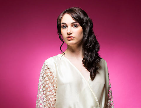 Ivory Satin Robe with Full Length Lace Sleeves