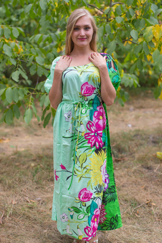 Mint Cut Out Cute Style Caftan in Jungle of Flowers Pattern