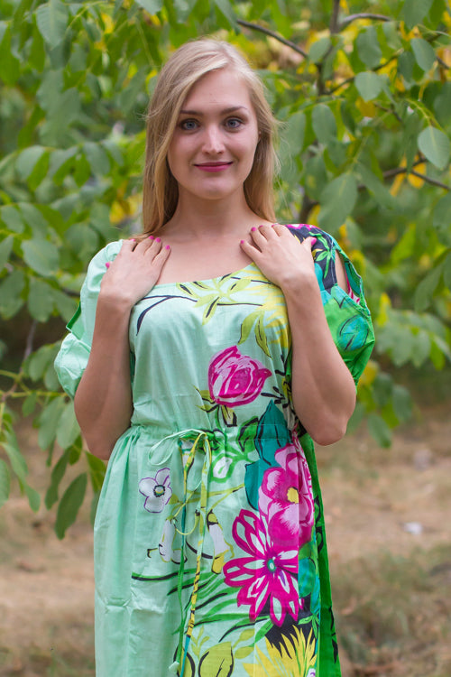 Mint Cut Out Cute Style Caftan in Jungle of Flowers Pattern