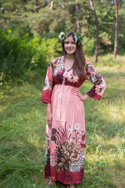 Peach Button Me Down Style Caftan in Jungle of Flowers Pattern