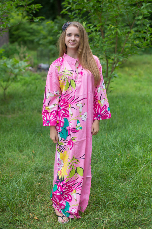 Pink Mandarin On My Mind Style Caftan in Jungle of Flowers Pattern