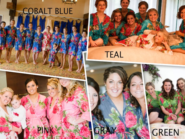 Mismatched Large Fuchsia Floral Blossom Patterned Bridesmaids Robes in Jewel Tones