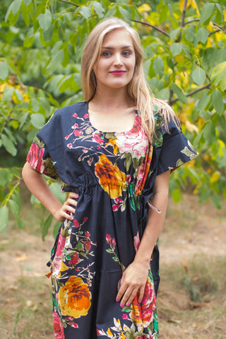 Black Side Strings Sweet Style Caftan in Large Floral Blossom Pattern