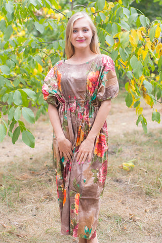 Brown Cut Out Cute Style Caftan in Large Floral Blossom Pattern