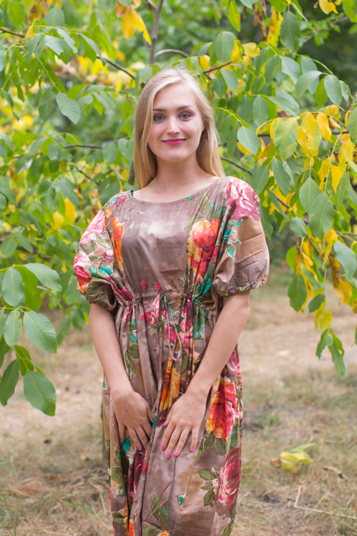Brown Cut Out Cute Style Caftan in Large Floral Blossom Pattern