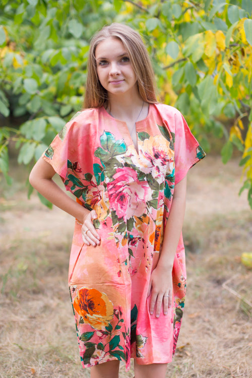 Coral Sunshine Style Caftan in Large Floral Blossom Pattern|Coral Sunshine Style Caftan in Large Floral Blossom Pattern|Large Floral Blossom