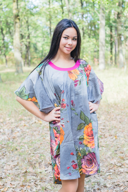 Gray Summer Celebration Style Caftan in Large Floral Blossom Pattern
