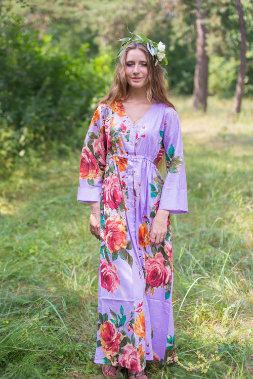 Lilac Button Me Down Style Caftan in Large Floral Blossom Pattern