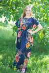 Navy Blue Divinely Simple Style Caftan in Large Floral Blossom Pattern