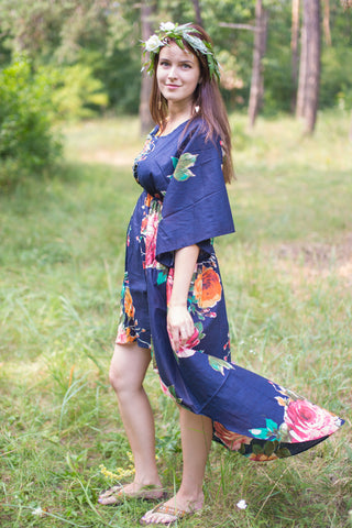 Navy Blue High Low Wind Flow Style Caftan in Large Floral Blossom Pattern