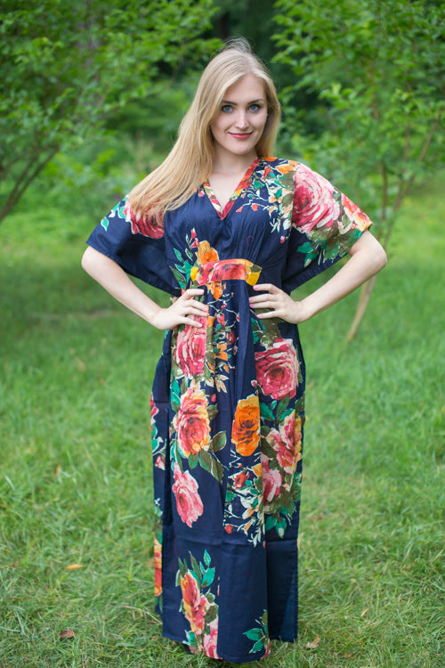 Navy Blue Unfurl Style Caftan in Large Floral Blossom Pattern