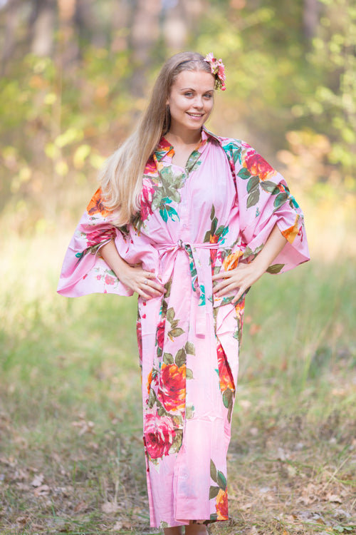 Pink Oriental Delight Style Caftan in Large Floral Blossom Pattern