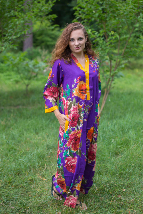 Purple Simply Elegant Style Caftan in Large Floral Blossom Pattern